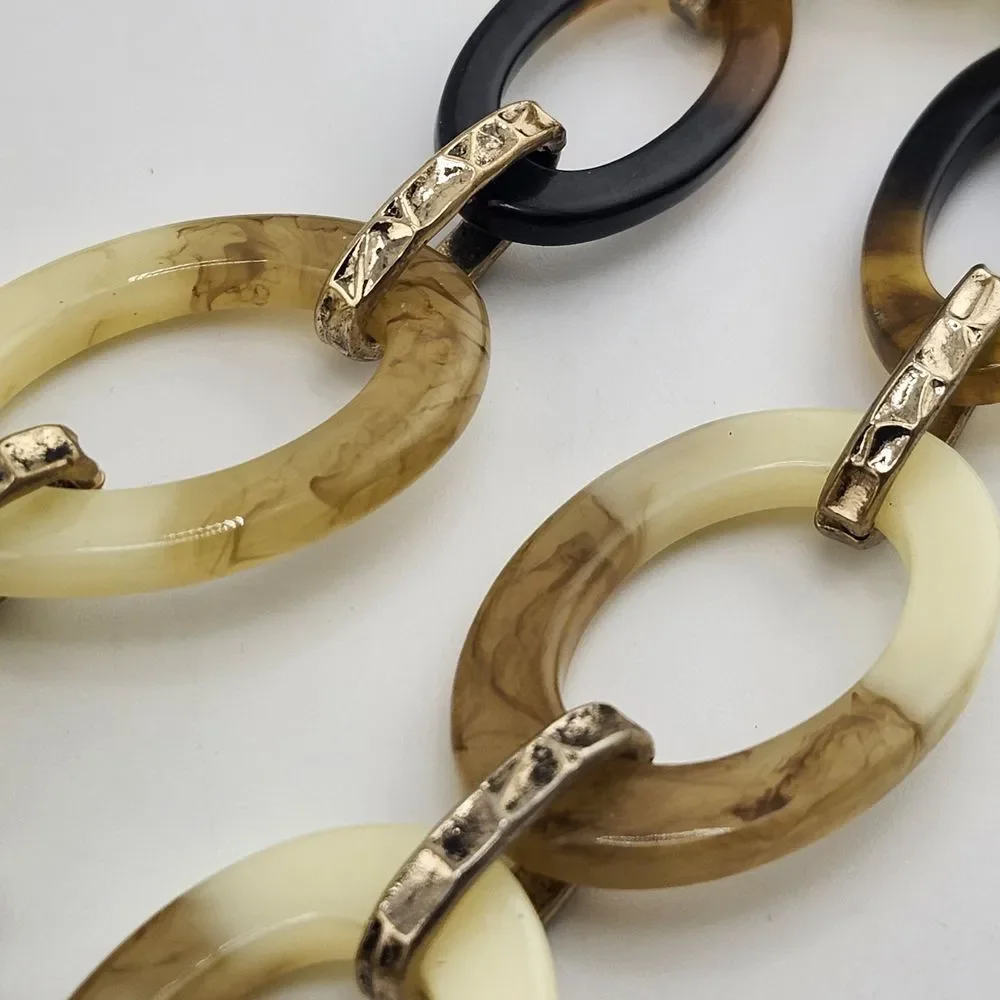 Chicos Acrylic Chunky Marbles‎ Link Rustic Gold Tone Necklace